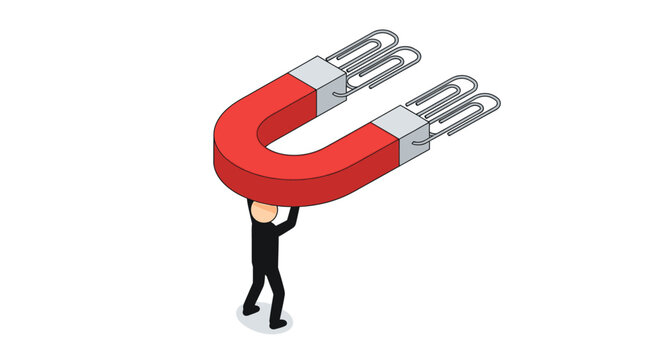 Business person lifting giant red magnet illustration.