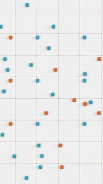 Square objects move in randomly coordinated on a data grid, scientific simulations of transport, logistics or traffic. Technology, industrial, research, analysis, time management, ideas, concept.