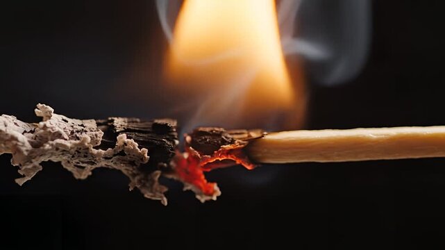Close up of a burning matchstick igniting a thin twig with flames and smoke.
