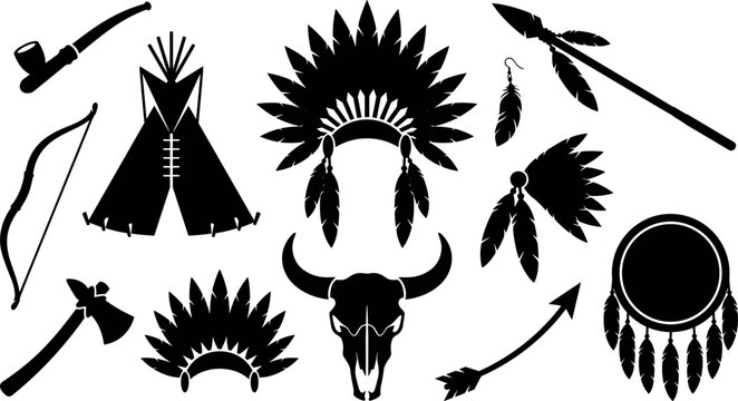 Native American Cultural Symbol Silhouette Set Featuring Headdress, Teepee, Buffalo Skull, Tomahawk, Spear, Bow, and Arrow for Tribal and Ethnic Heritage Designs