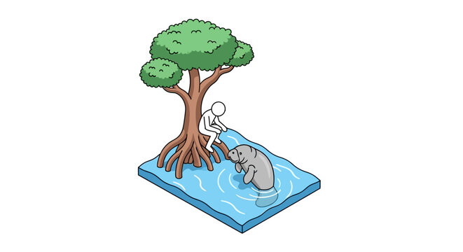 Whimsical cartoon elephant swimming under tree illustration.