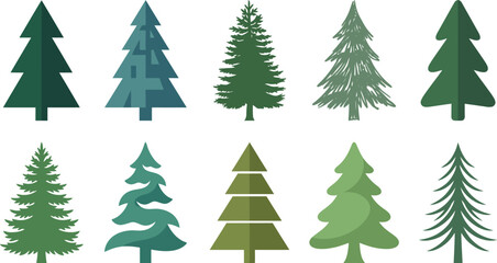 Obraz premium Collection of various green pine tree silhouettes on white background