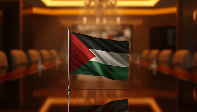 Generative AI depicts a Palestinian flag displayed prominently in an elegant conference room