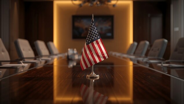 Generative AI depicts a small American flag on a conference table in a corporate setting