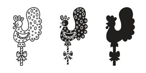 Сaramel Cockerel on a stick, lollipop. Set. Hand drawn vector illustration in black ink isolated on white background. © vyazovskaya