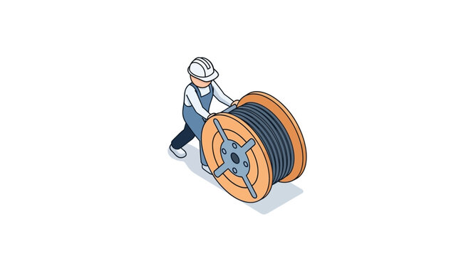 Industrial worker handling large electrical cable reel.