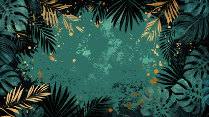 Tropical foliage frame a vector illustration with teal and gold botanical elements on a textured background leaves palm monstera banana jungle © PRODIP