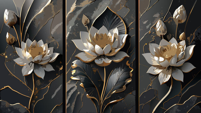 Lotus flower illustration a triptych composition with gold accents on a dark marbled background flowers floral blooming blossom petal botanical flora