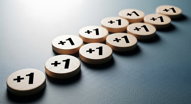 Plus one wooden tokens arranged in rows, natural wood discs with black plus 1 text, concept of incremental growth and social media engagement