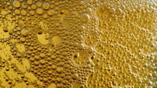 Extreme close-up of golden beer bubbles and condensation droplets on cold glass surface, macro texture shot
