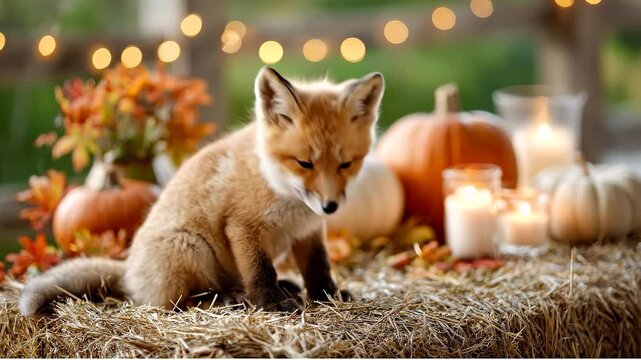Young red fox sitting on hay bale with pumpkins. A small red fox cub on a straw surface with autumn pumpkins and burning candles in background