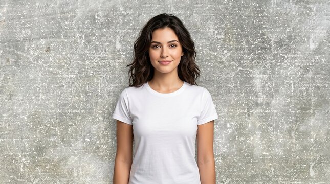 A high-quality minimalist mockup featuring a beautiful young brunette woman wearing a plain white t-shirt against a textured concrete wall backdrop. This versatile image is perfectly designed for grap