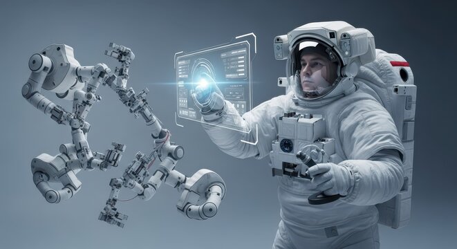 Astronaut in advanced spacesuit interacts with futuristic holographic interface and robotic arm