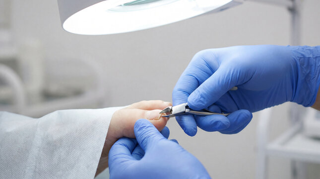 Podiatrist in blue gloves performing professional toenail treatment on a patient's foot, emphasizing foot care and hygiene