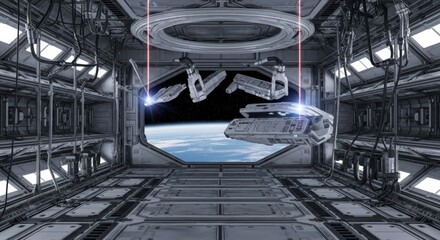 Naklejka premium Futuristic zero gravity spacecraft assembly factory orbiting Earth, showcasing advanced manufacturing and space exploration technology.