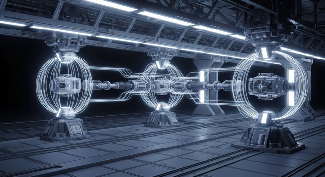 Futuristic advanced technology system with glowing circuits and machinery in a clean industrial interior