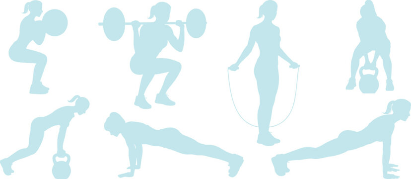 Fitness exercise silhouettes, workout poses with kettlebell barbell jump rope, flat vector