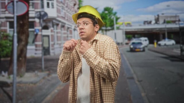 Man construction worker in hardhat with fists raised to face on street, wary defensive posture amid urban traffic, overpass and sidewalk; anxiety caution.