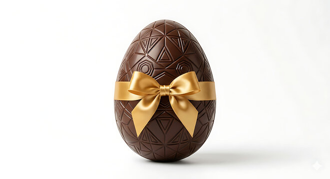 Dark chocolate easter egg with golden ribbon on white background, chocolate