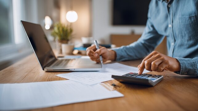 Calculating budgets at home office financial planning document preparation indoor close-up view productivity 2023