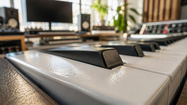 Close-up of synthesizer keyboard on desk for music hobby production songwriting and audio mastering at home
