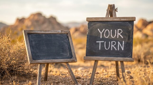 Chalkboards standing in a dry desert landscape display your turn on a larger sign beside a blank board, with distant mountains and warm sunlight creating a clear message scene.