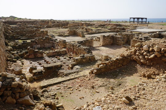 Scenic panorama with the ruins of the House of Orpheus, an ancient Greek home, at the Archeological Park of Paphos, Cyprus