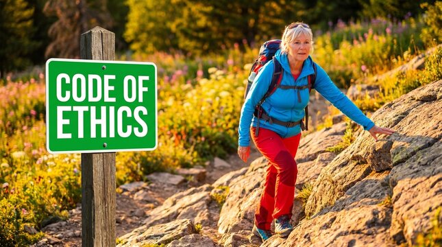 Hiker climbs a rocky mountain trail beside a green code of ethics sign, surrounded by golden wildflowers and evergreen trees under clear daylight in an alpine landscape.