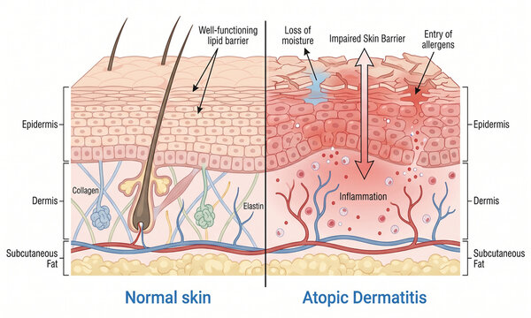 Comparative diagram of normal skin anatomy and atopic dermatitis inflammation