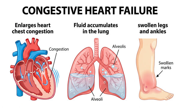 Congestive heart failure symptoms and pathophysiology medical illustration