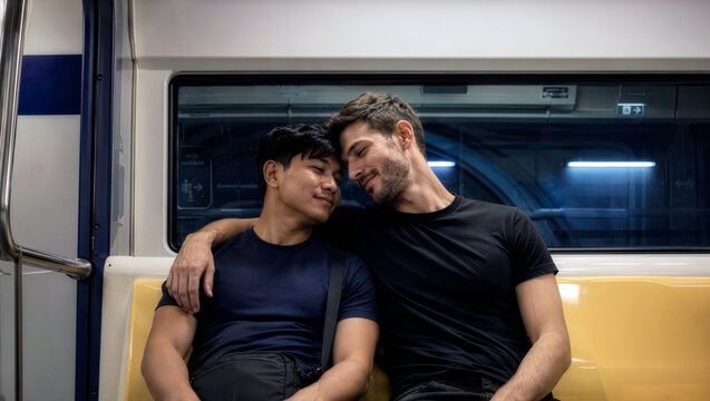 Affectionate multiethnic gay couple embracing gently while sitting together inside a subway train carriage during an urban commute.