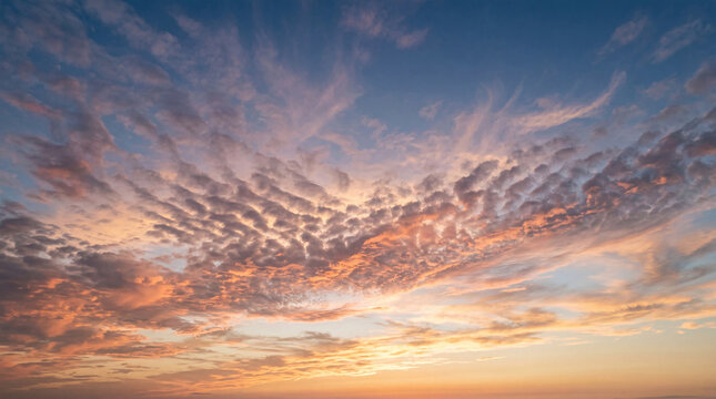 Dramatic sunset sky with stunning golden orange and purple cirrocumulus clouds spread beautifully across the horizon.