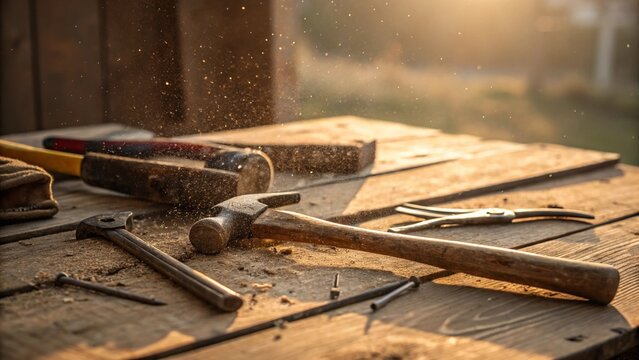 Old rustic carpentry tools on wooden workbench