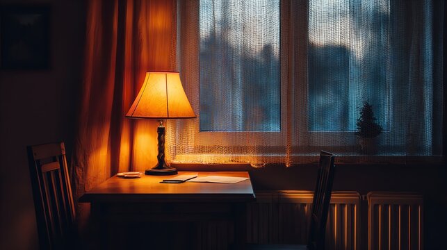 Interior room scene featuring a table, lamp, window, and chairs with dim lighting.