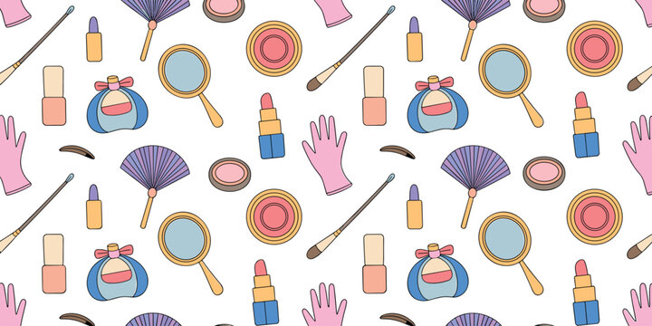 Seamless pattern background featuring colorful beauty and makeup elements like perfume bottles, lipstick, makeup brushes, mirrors, blush, and gloves.