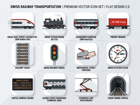 Swiss Railway Transportation Icon Set: Flat Vector Icons for SBB Trains, Locomotive, Steam Engine, Passenger Carriage, Freight Wagon, Station Clock, and Track Infrastructure