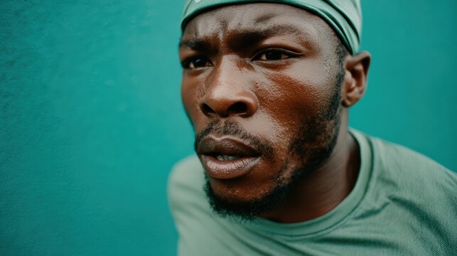 A close-up of a curious man with a focused expression against a blue wall captures a moment of intrigue, reflecting deep thought and engagement with his surroundings.