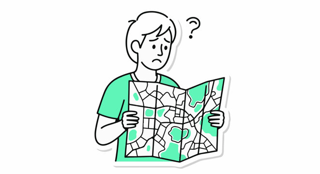 Confused young man studying a complicated map outdoors.