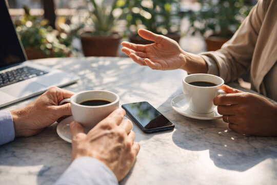 Two people discussing over coffee at a stylish caf&eacute; table