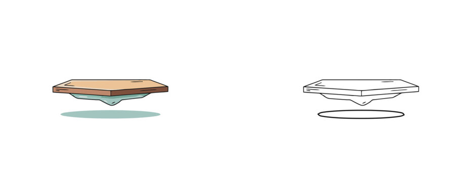 Flying levitation platform cartoons in flat color and black line styles on white background used for magic stage props