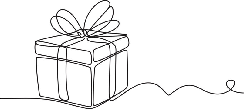 Continuous line drawing of a gift box with a ribbon and bow, simple design.