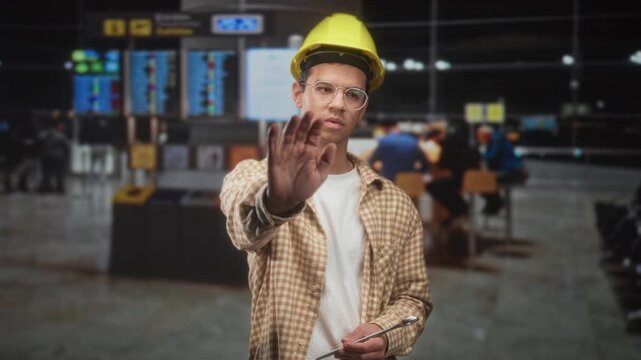 Man handyman in yellow hardhat and plaid shirt holds wrench and raises palm to stop near ticketing screens in busy airport; caution vigilance.