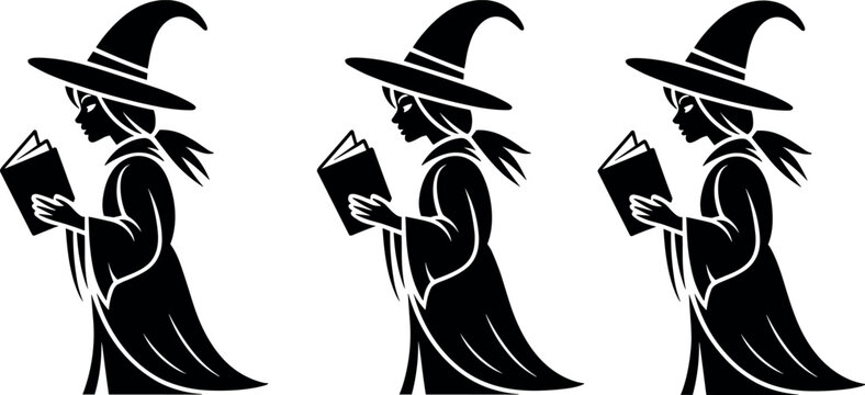 Set of black and white silhouette vector illustrations featuring a young witch wearing a pointy hat reading a spellbook.