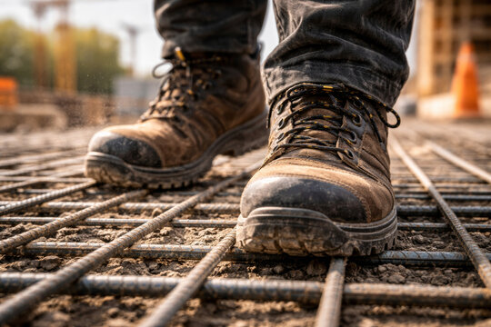 Worker&rsquo;s sturdy boots on steel rebar at construction site