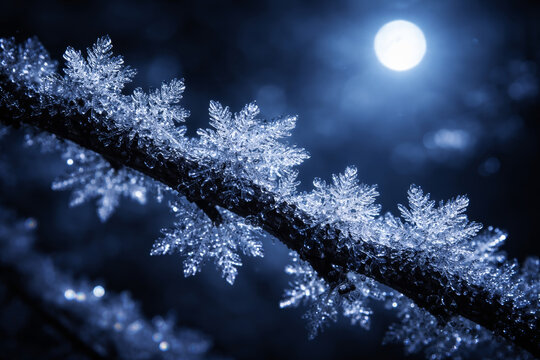 Frost-covered branch illuminated by moonlight in blue tones