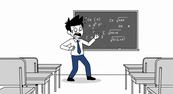 Cartoon Teacher Explaining Math Equations on Blackboard.