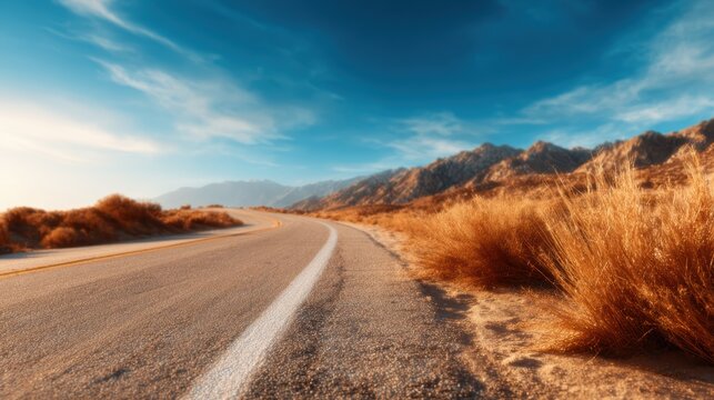 This image portrays a serpentine road traversing a picturesque desert, framed by golden grasses and majestic mountains under a serene blue sky.