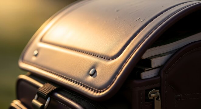 Close-up de uma mochila escolar de couro marrom com livros e efeito de luz dourada.