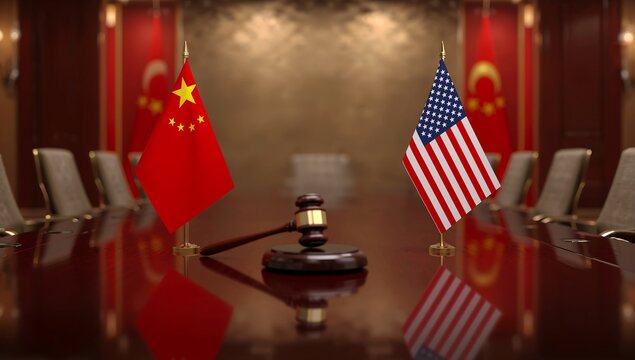 Generative AI depicts a diplomatic meeting with Chinese and American flags on a polished