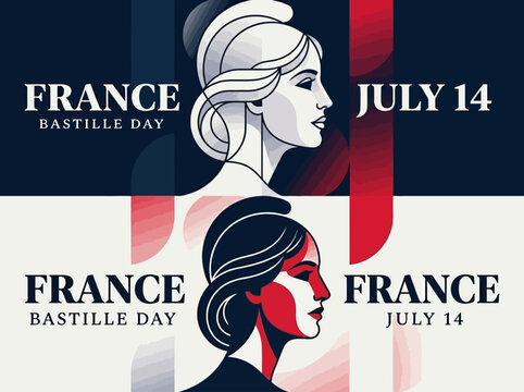 Bastille Day France July 14 Graphic Illustration, Elegant Profile of Marianne in French Tricolor Red White and Blue, National Holiday Celebration Design Element